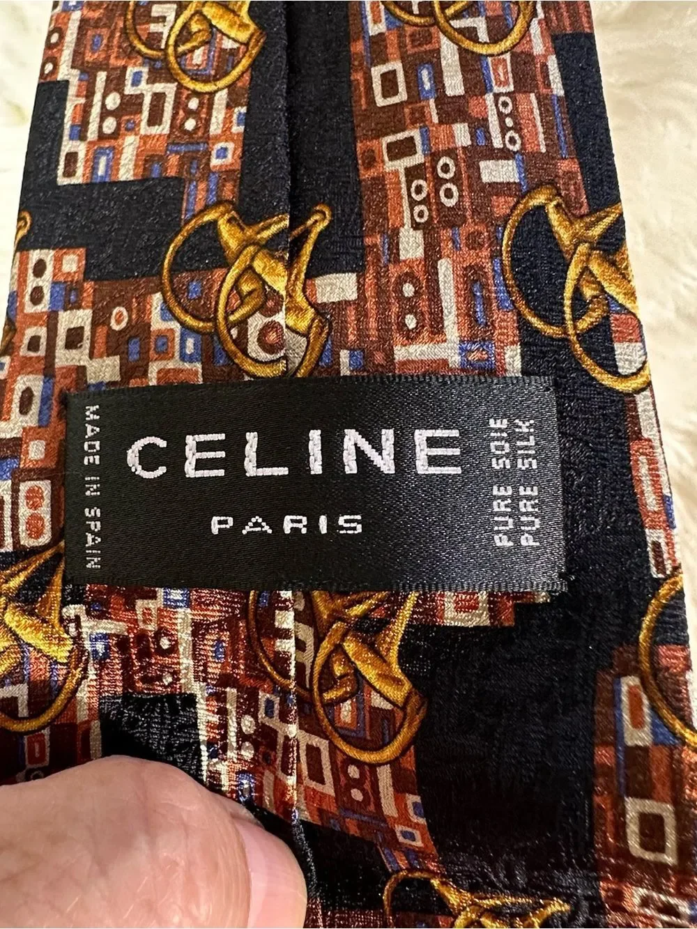 Celine Black, Brown & Gold Geometric Print Silk Tie